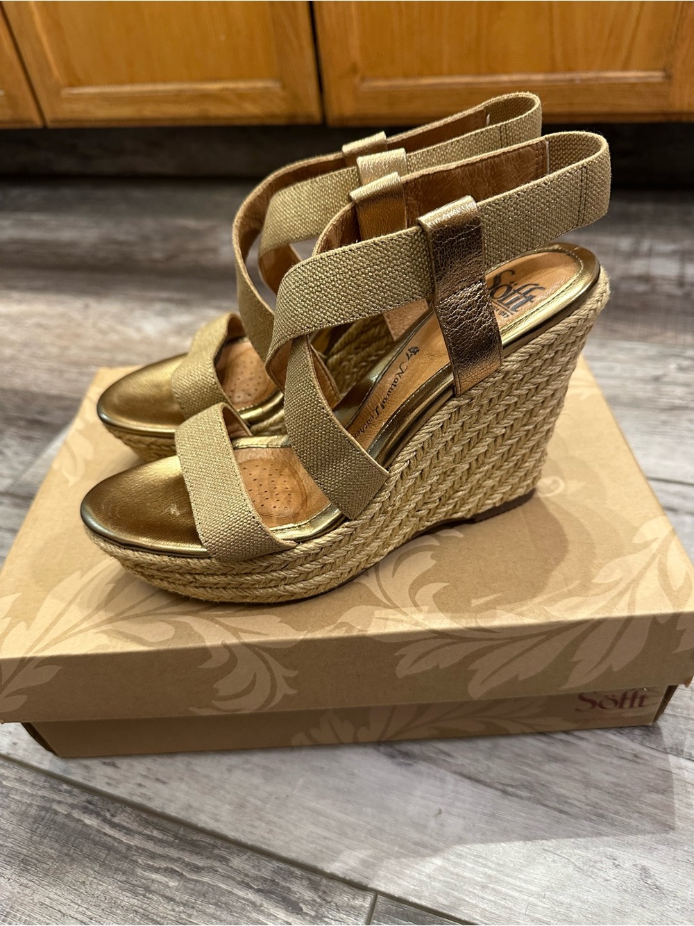 Sofft Metallic Gold Elastic-Strap Espadrille Wedges